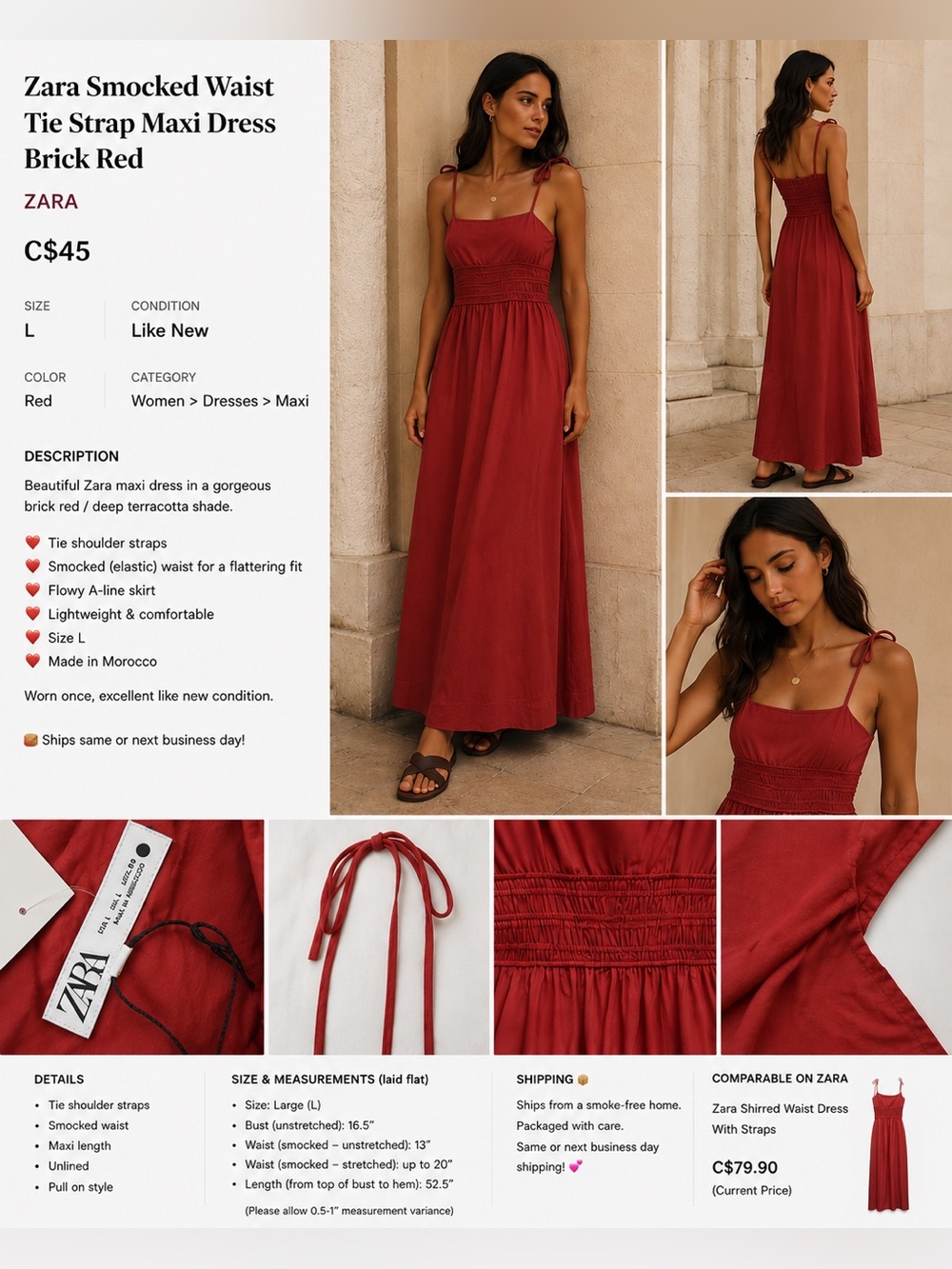 🌞 Zara Summer Dress NWT | Size L | Terracotta Red ZW Collection 🌴